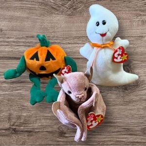 Halloween Beanie Babies Set - Ghost, Pumpkin, Bat - NWT